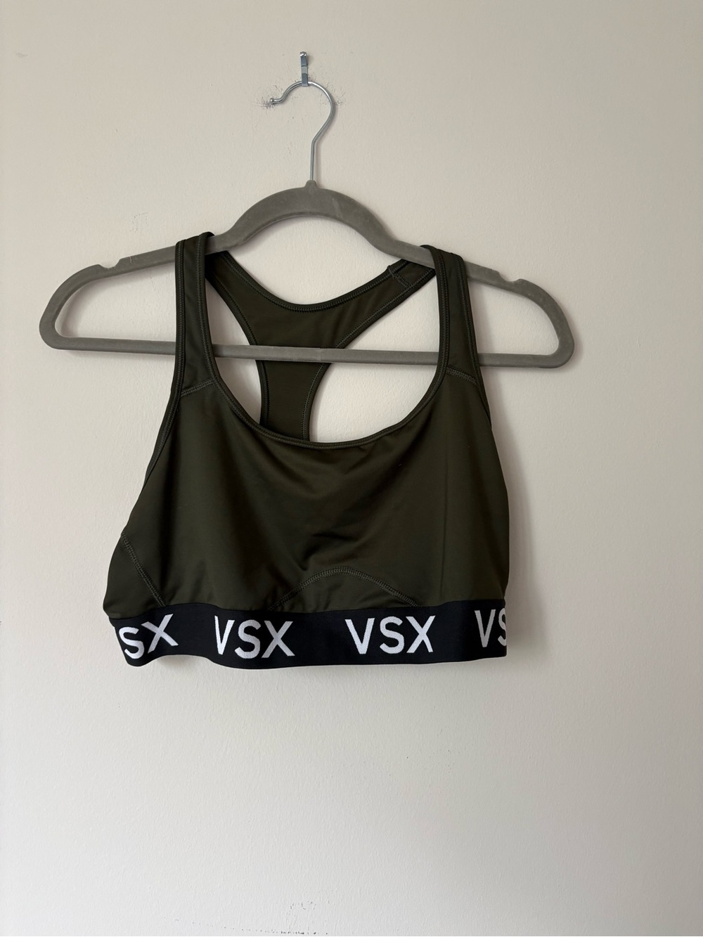 Victoria's Secret VSX Olive Green Racerback Sports Bra with Black Logo Band
